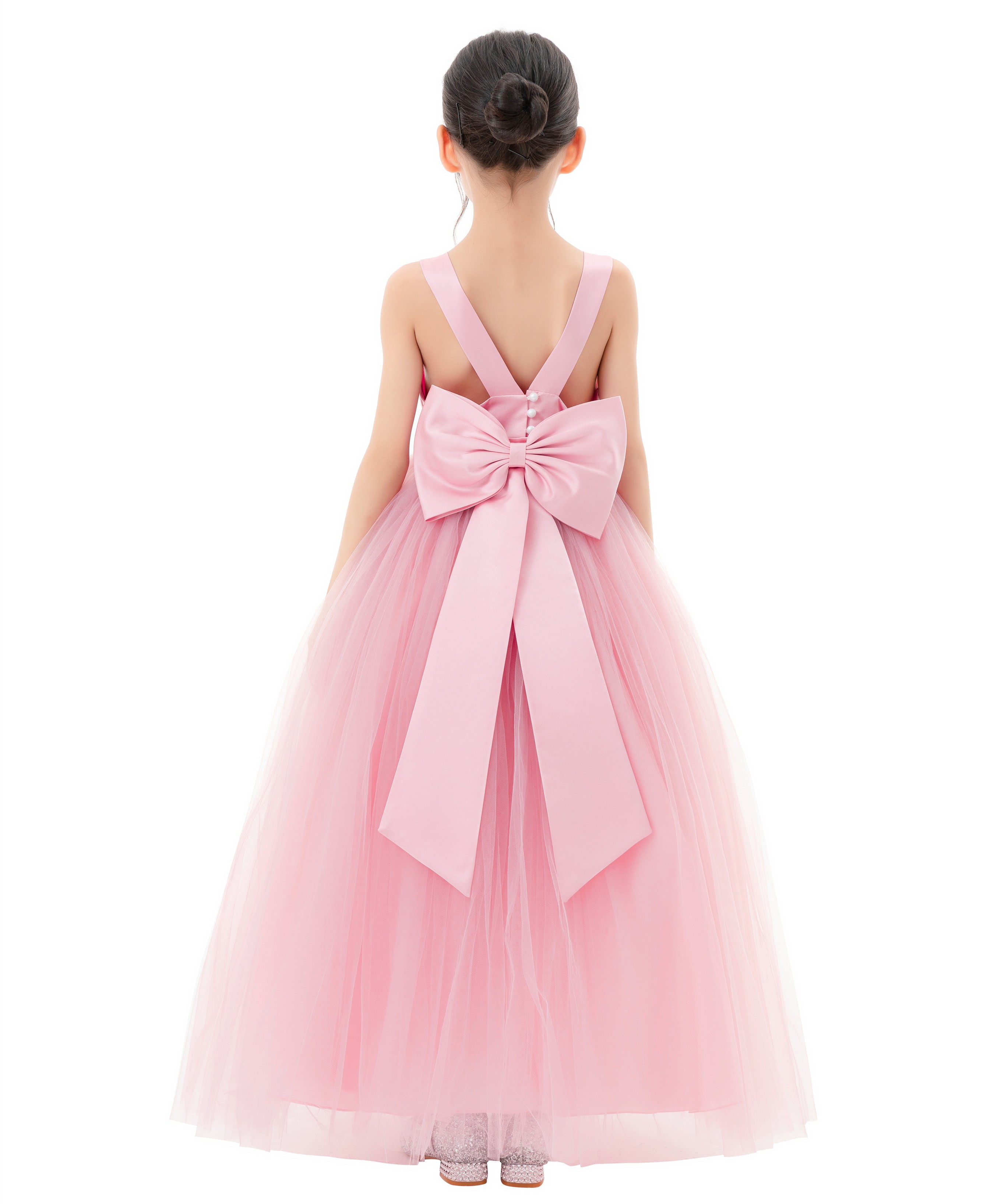 Dusty Rose Satin Flower Girl Dress Backless Tulle Dress 722