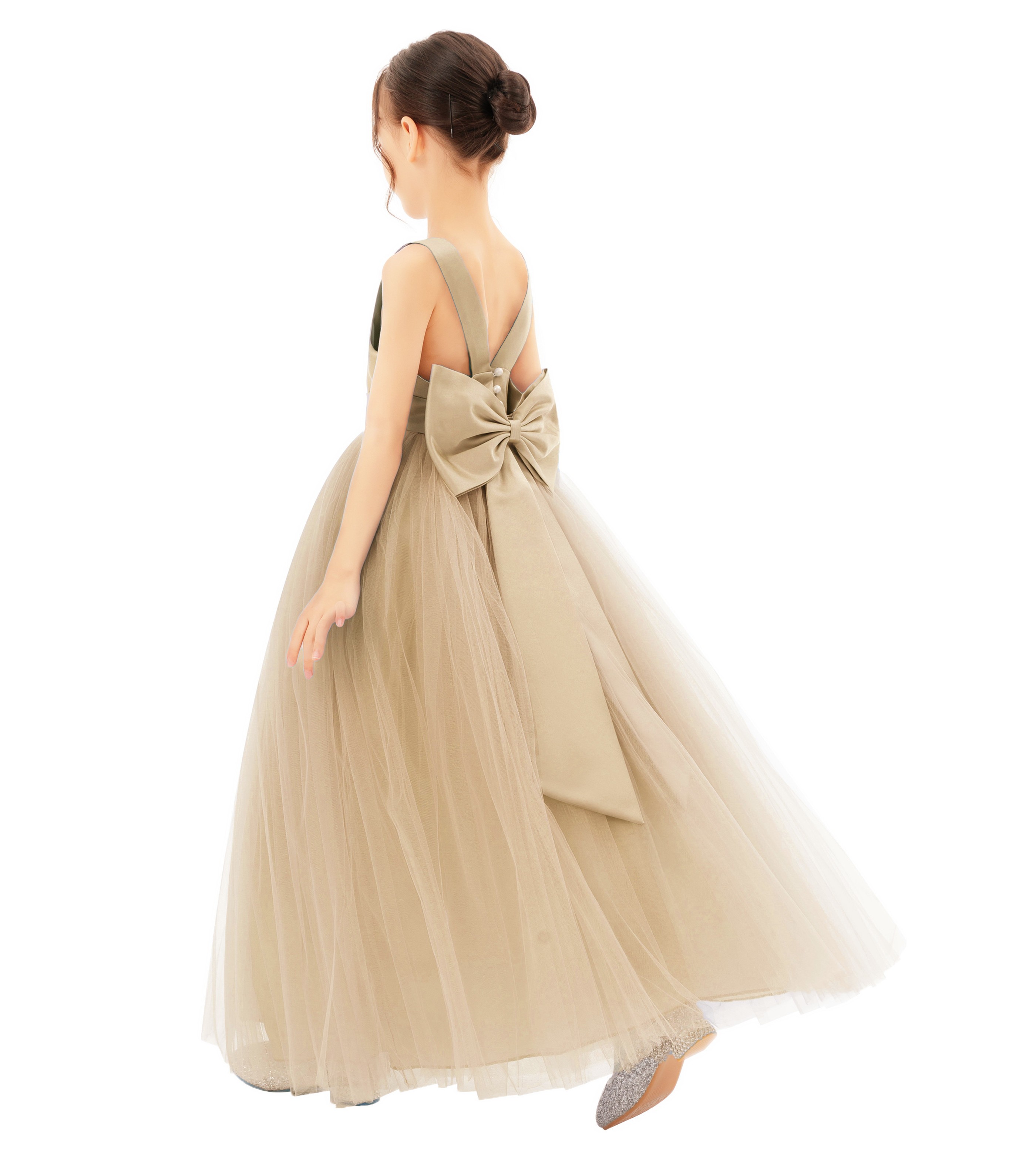 Champagne Satin Flower Girl Dress Backless Tulle Dress 722