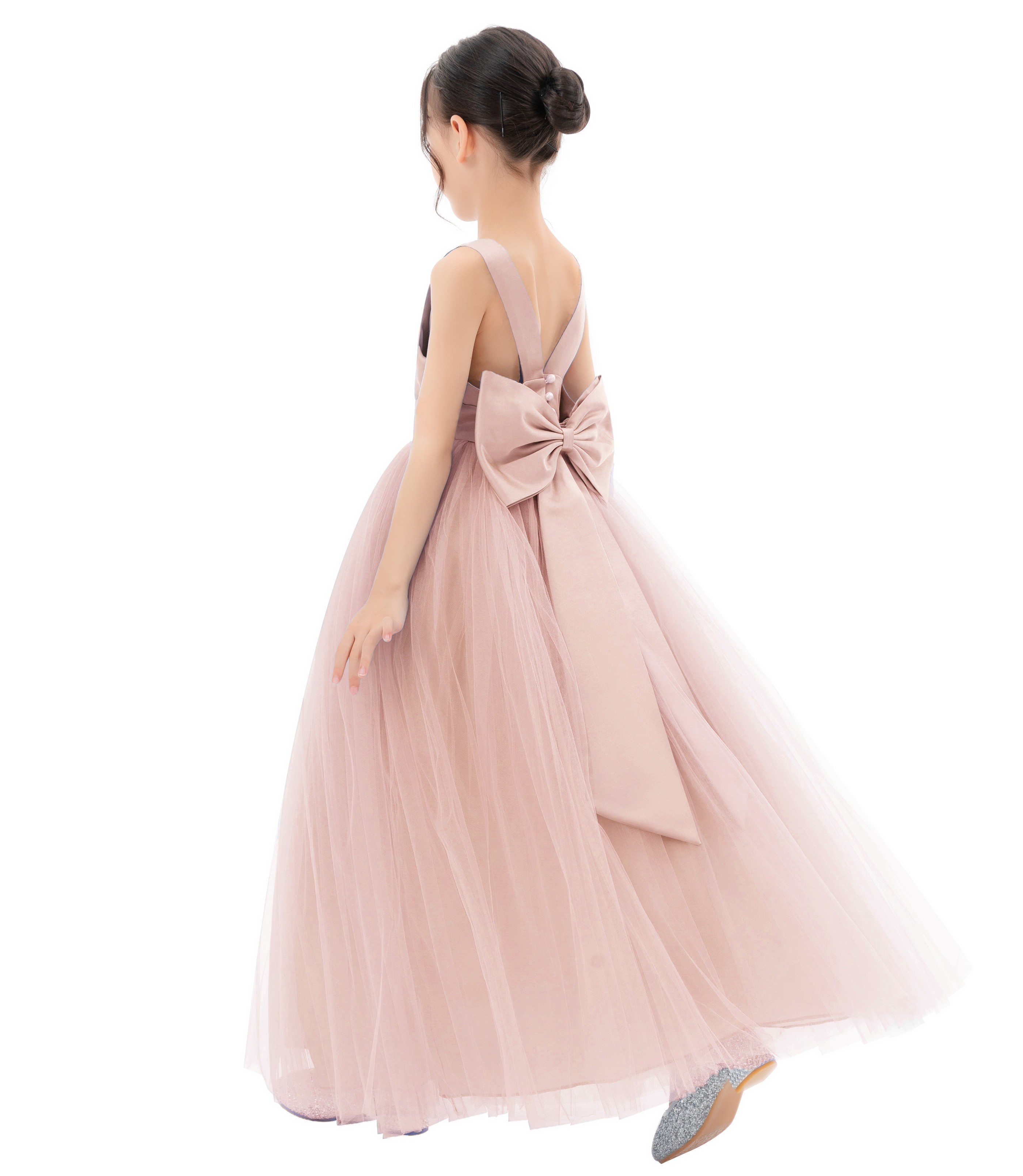 Blush Pink Satin Flower Girl Dress Backless Tulle Dress 722