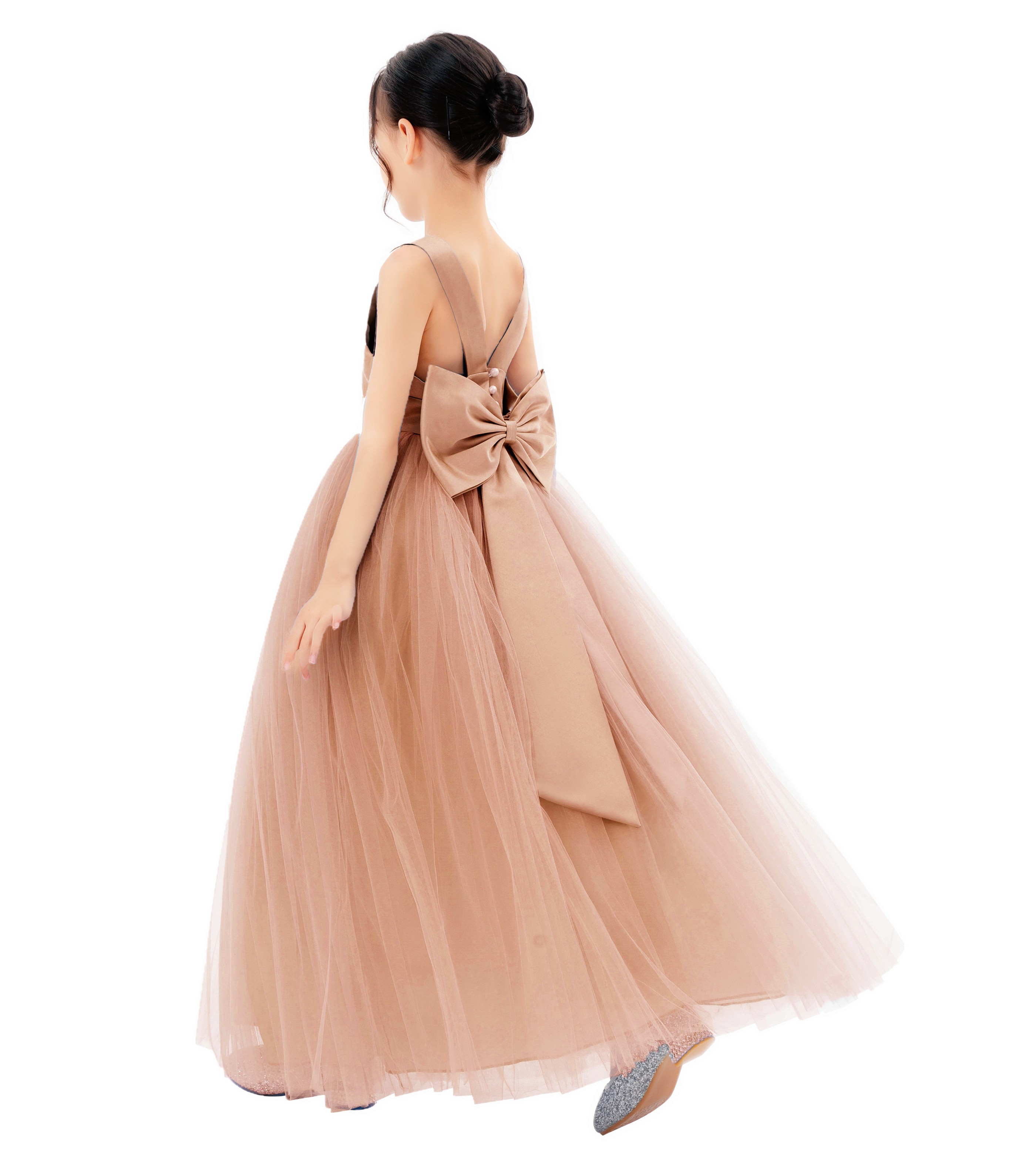 Rose Gold Satin Flower Girl Dress Backless Tulle Dress 722