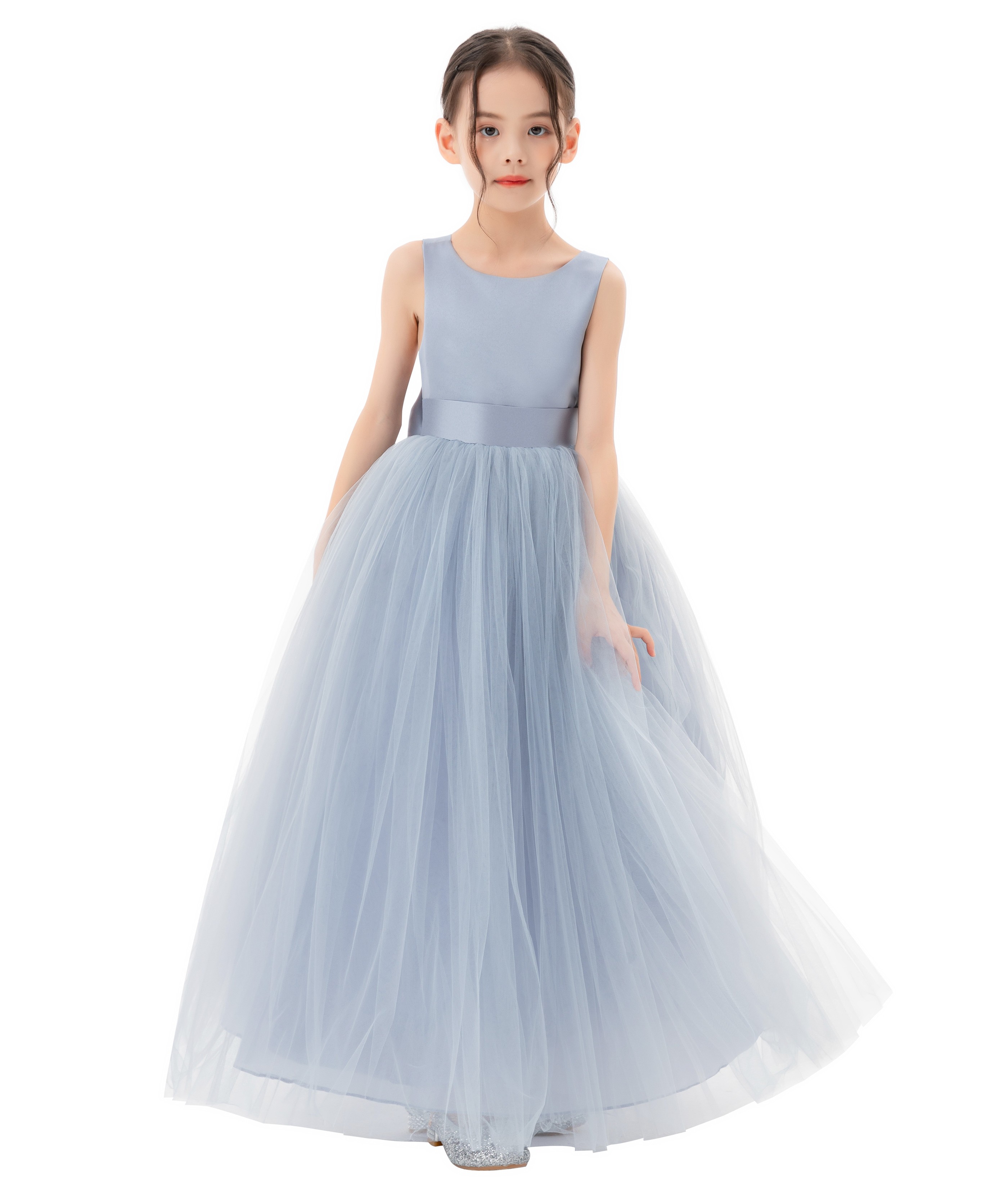 Dusty Blue Satin Flower Girl Dress Backless Tulle Dress 722