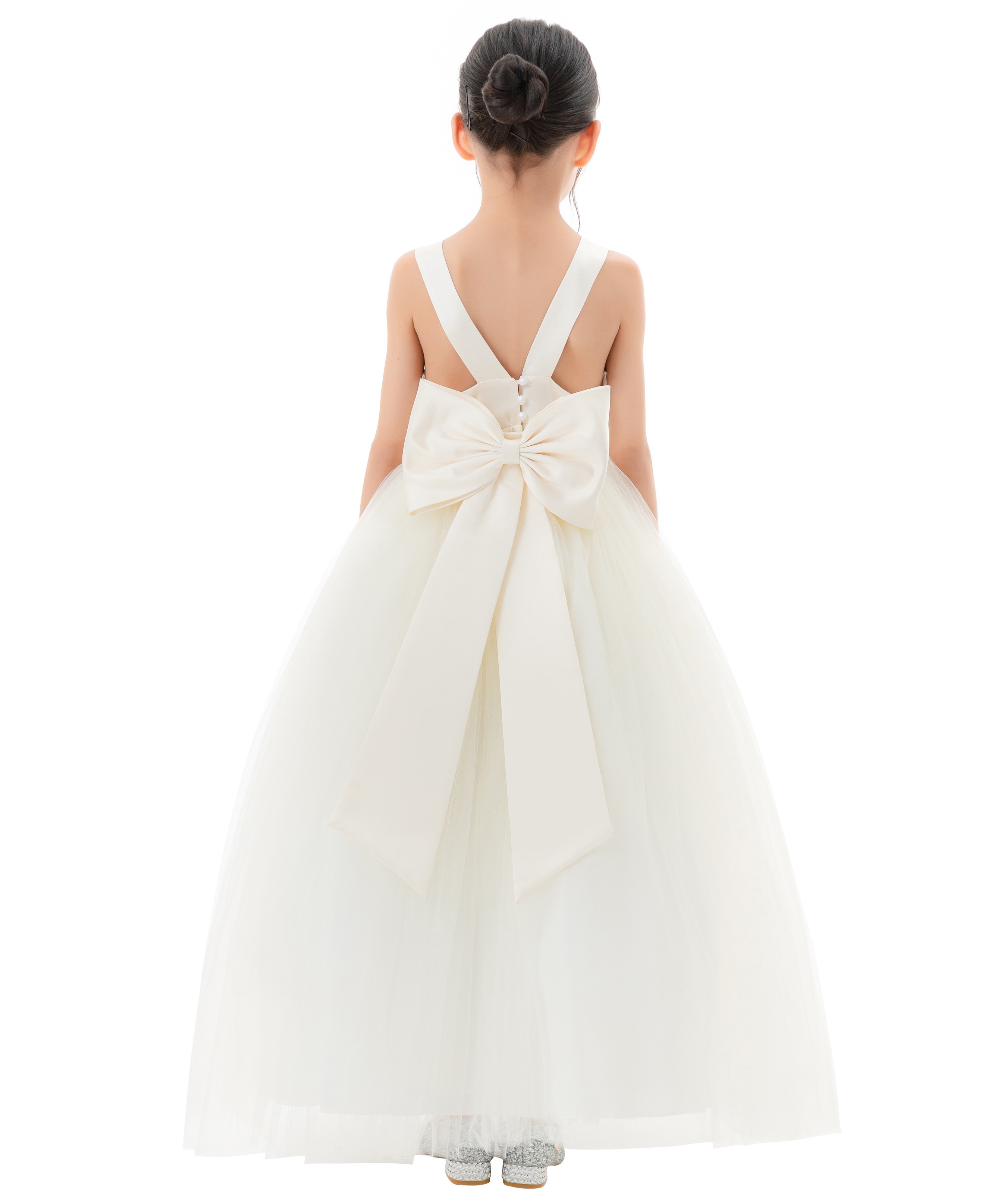 Ivory Satin Flower Girl Dress Backless Tulle Dress 722