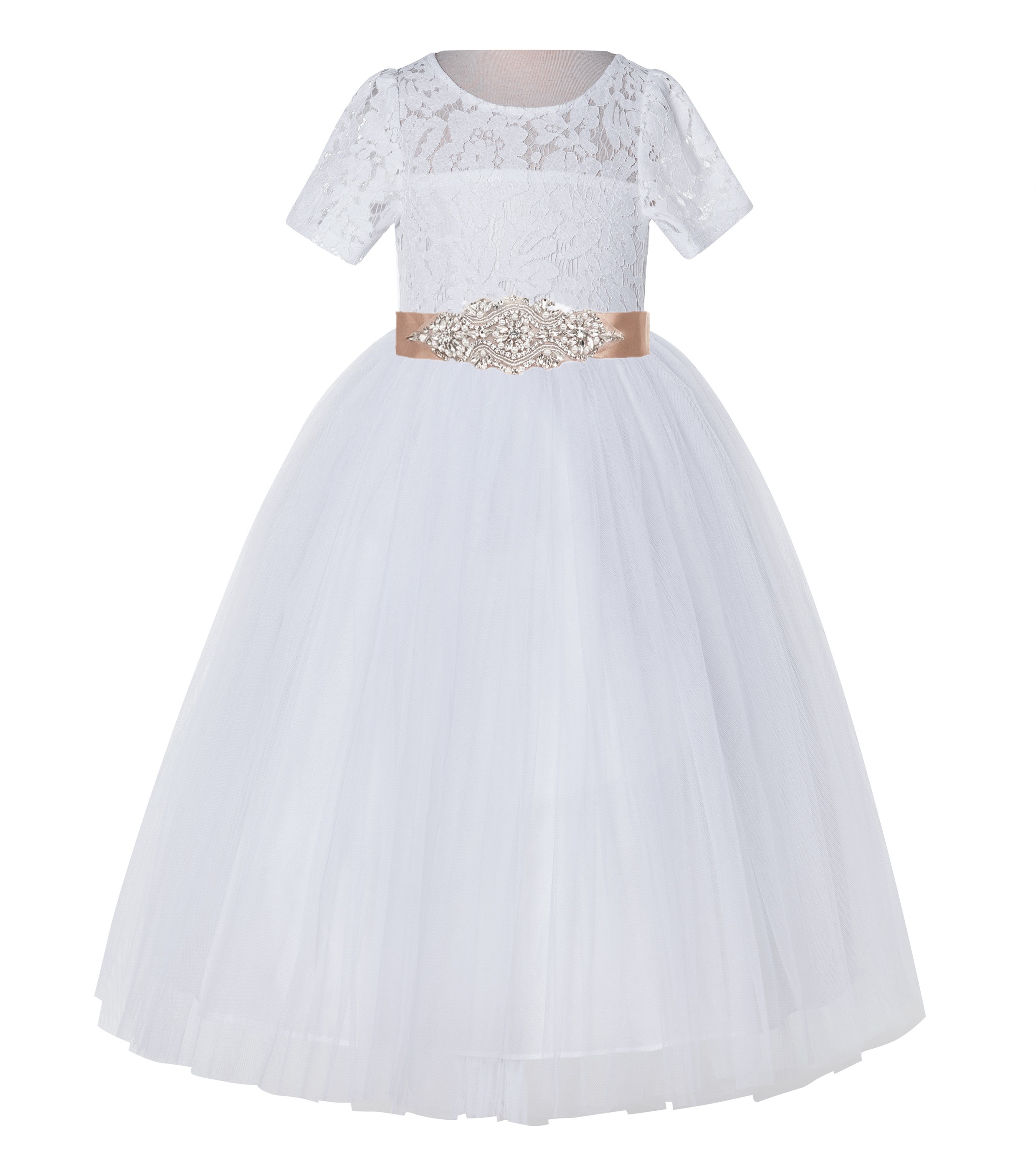 White / Rose Gold Floral Lace Flower Girl Dress Pageant Dress LG2