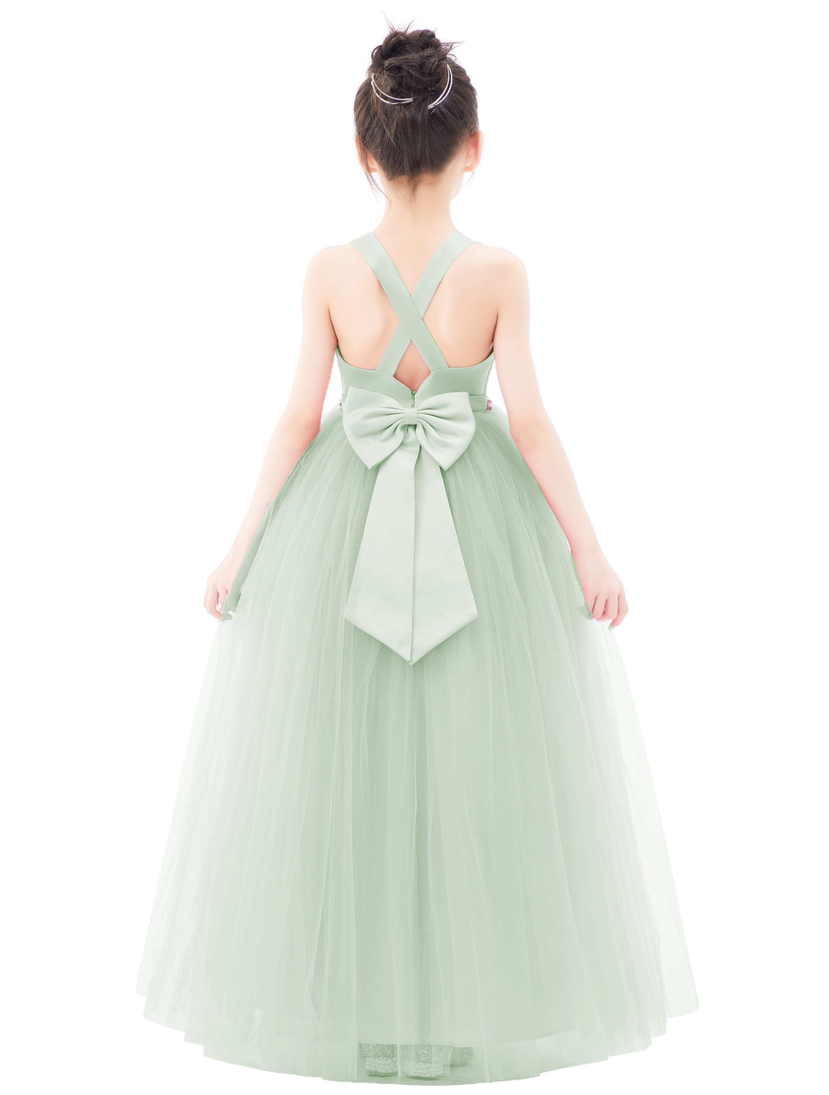 Sage Crossed Straps Satin Flower Girl Dress with Rhinestones 240