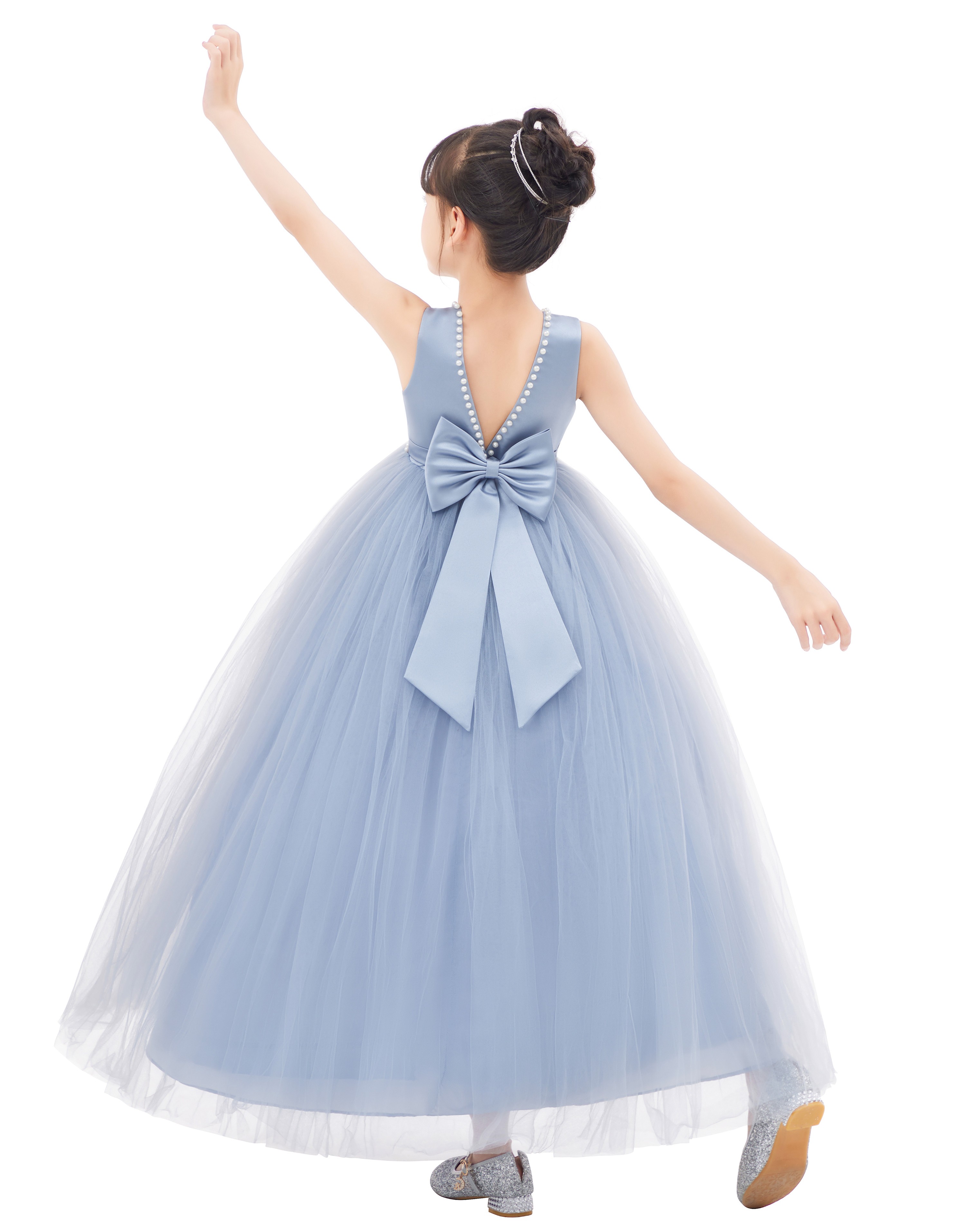 Dusty Blue V-Back Satin Flower Girl Dress with Pearl Beaded Trim 241