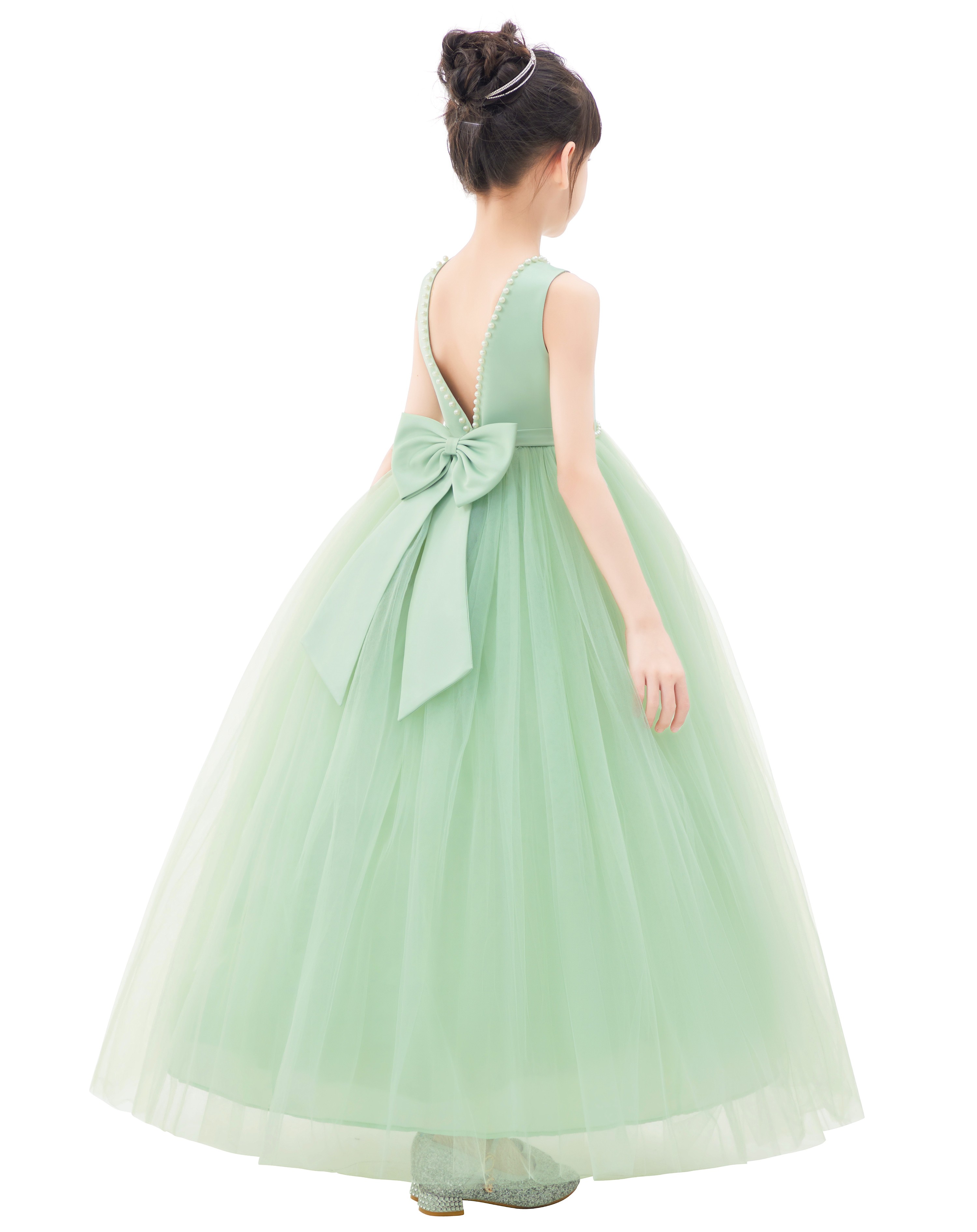 Sage V-Back Satin Flower Girl Dress with Pearl Beaded Trim 241