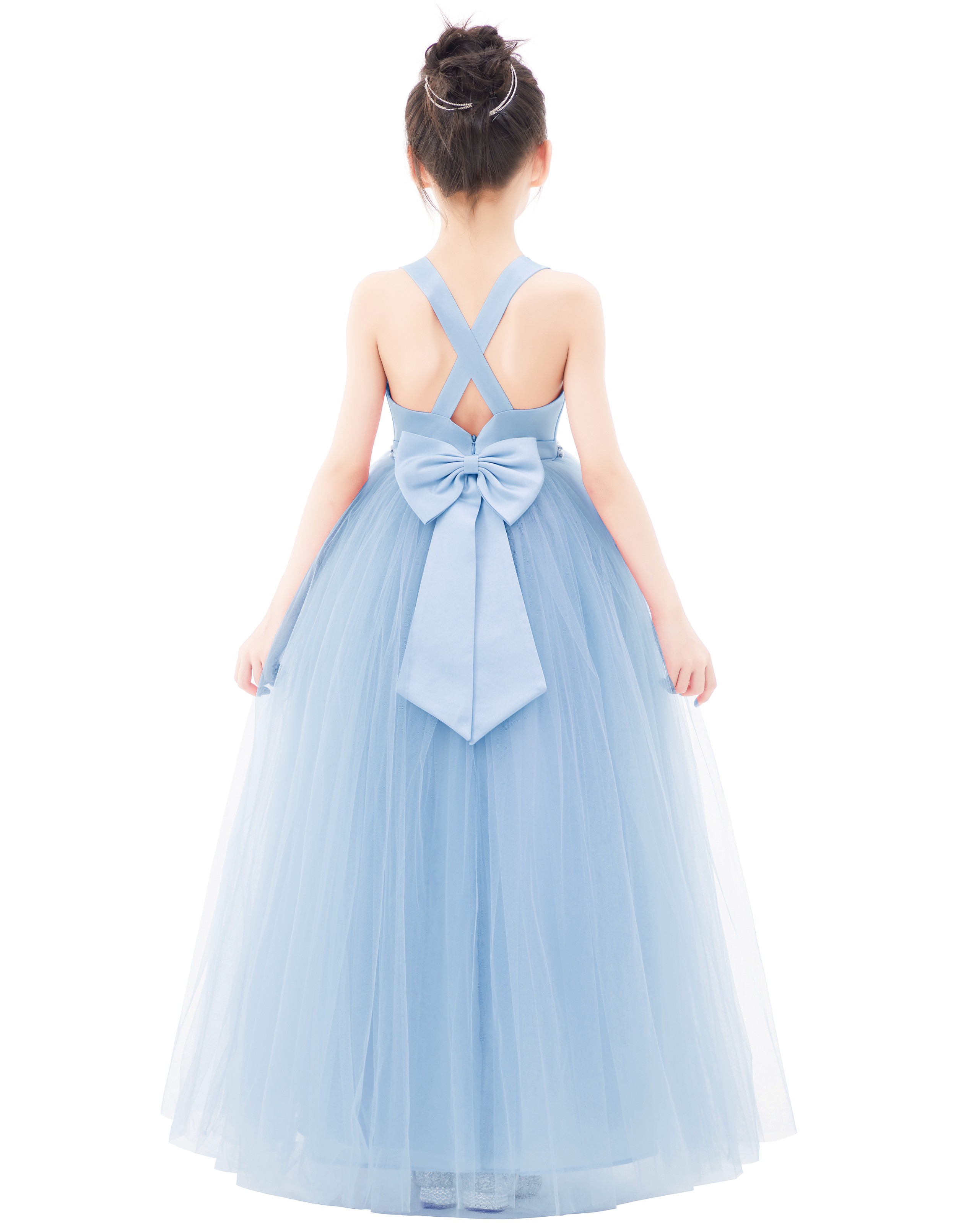 Dusty Blue Crossed Straps Satin Flower Girl Dress with Rhinestones 240