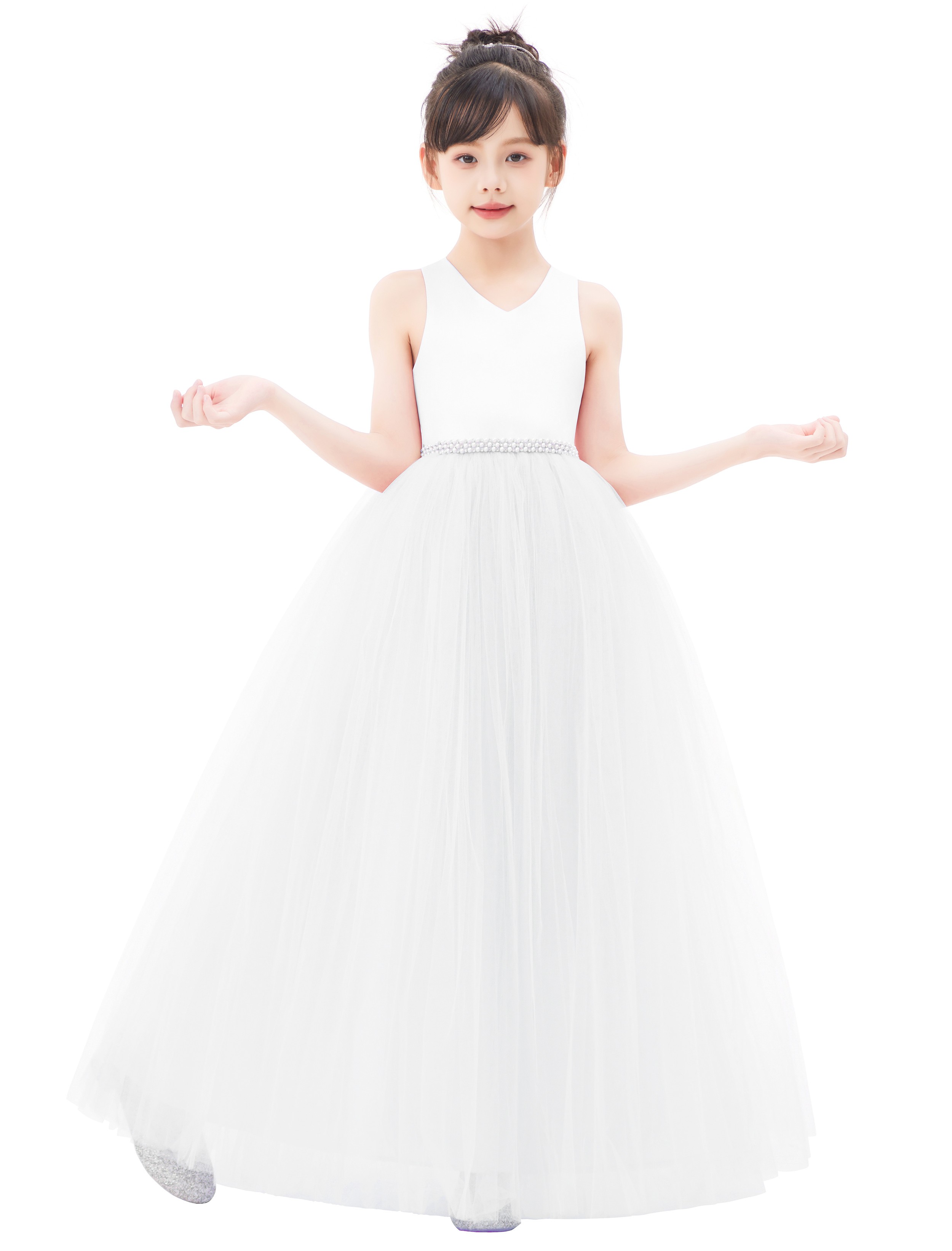 White Crossed Straps Satin Flower Girl Dress with Rhinestones 240