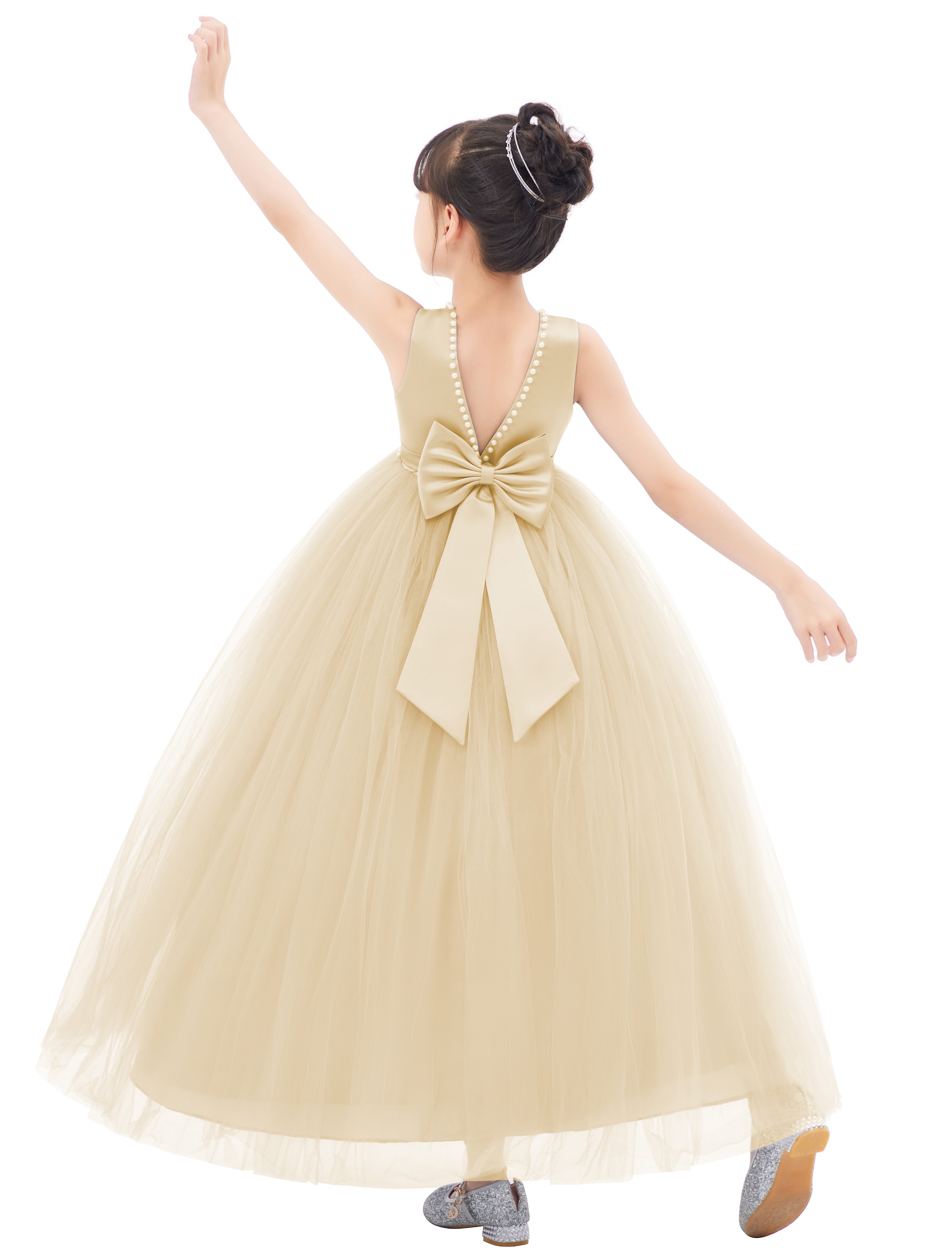 Champagne V-Back Satin Flower Girl Dress with Pearl Beaded Trim 241