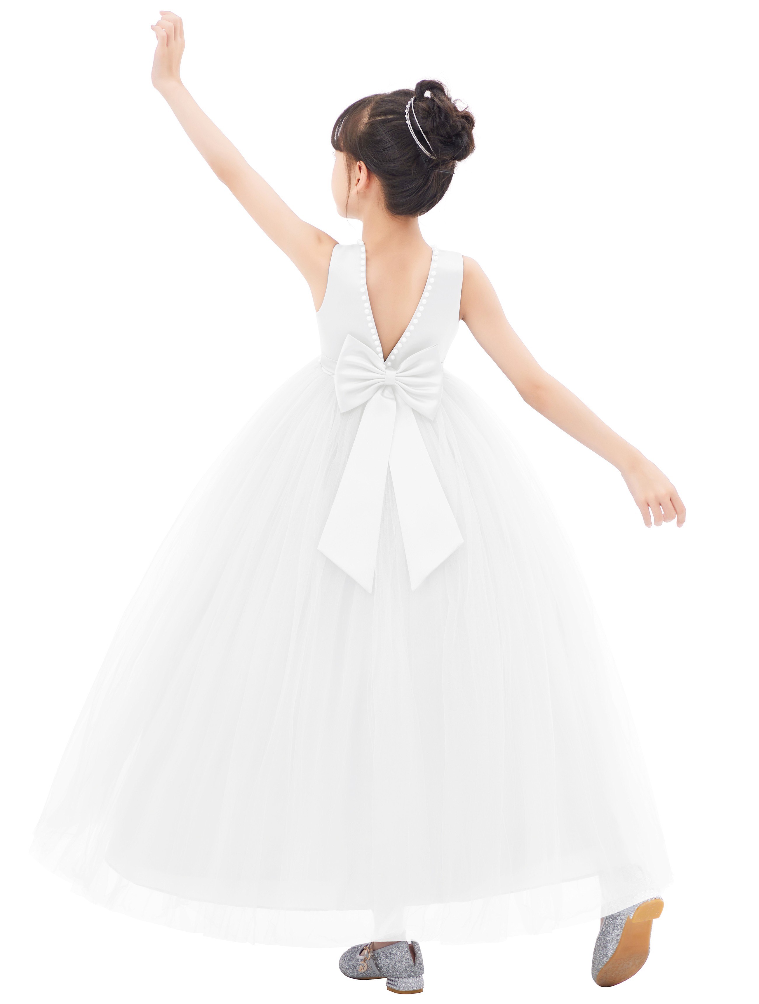 Whtie V-Back Satin Flower Girl Dress with Pearl Beaded Trim 241