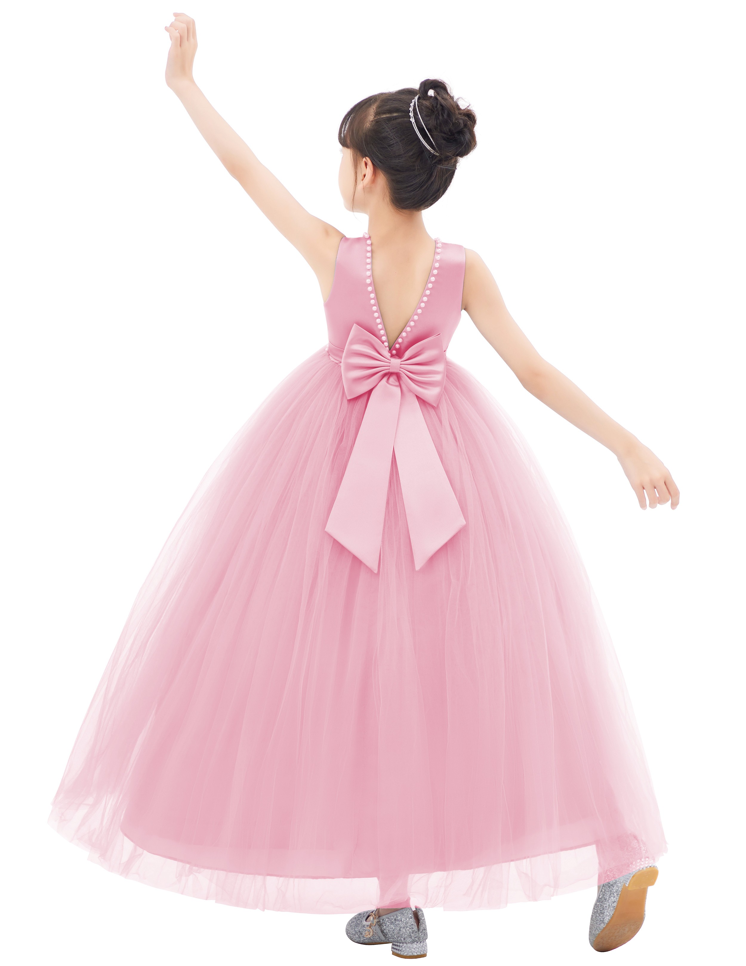 Dusty Rose V-Back Satin Flower Girl Dress with Pearl Beaded Trim 241