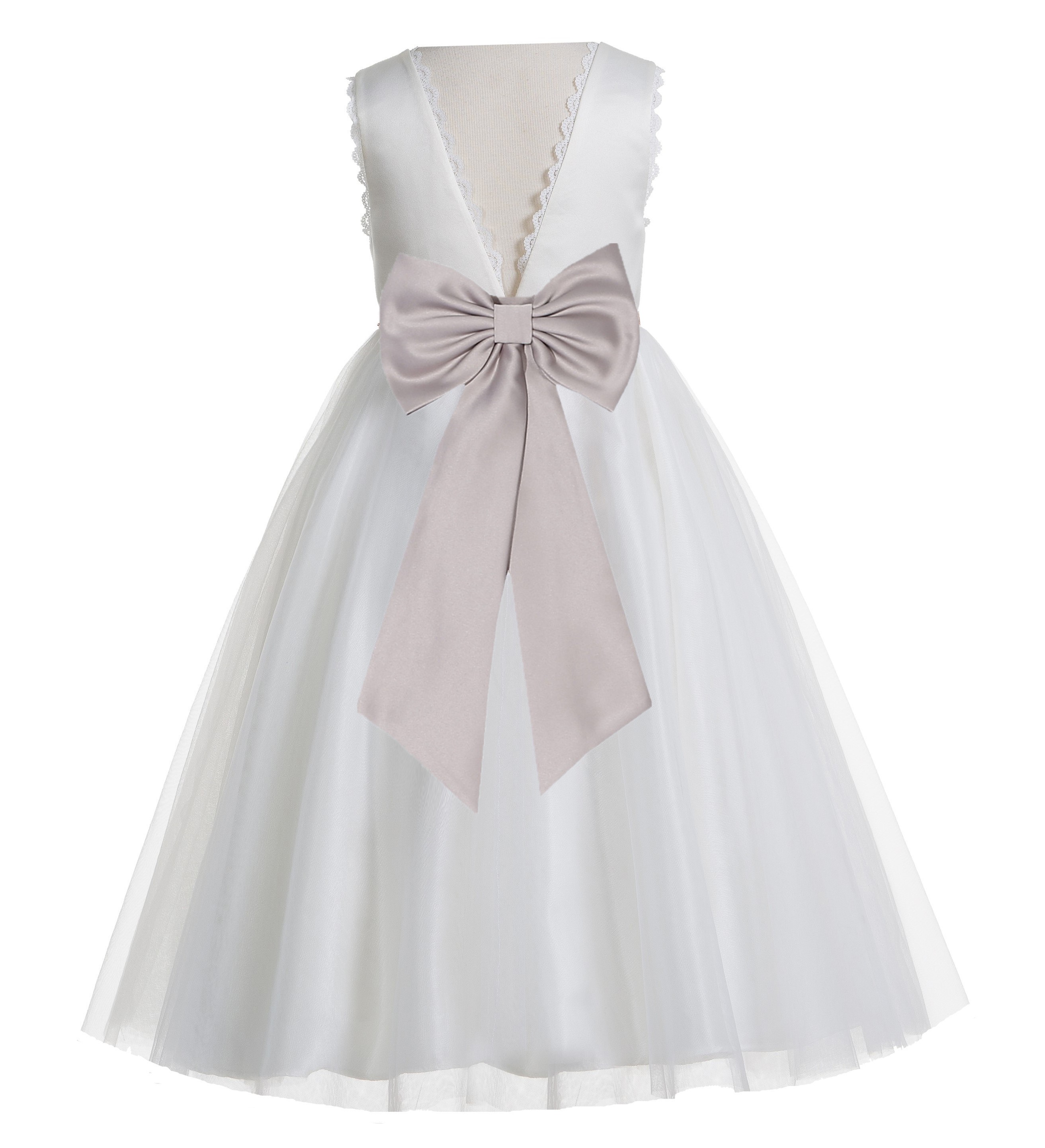 Ivory / Biscotti Almond V-Back Lace Edge Flower Girl Dress 183T