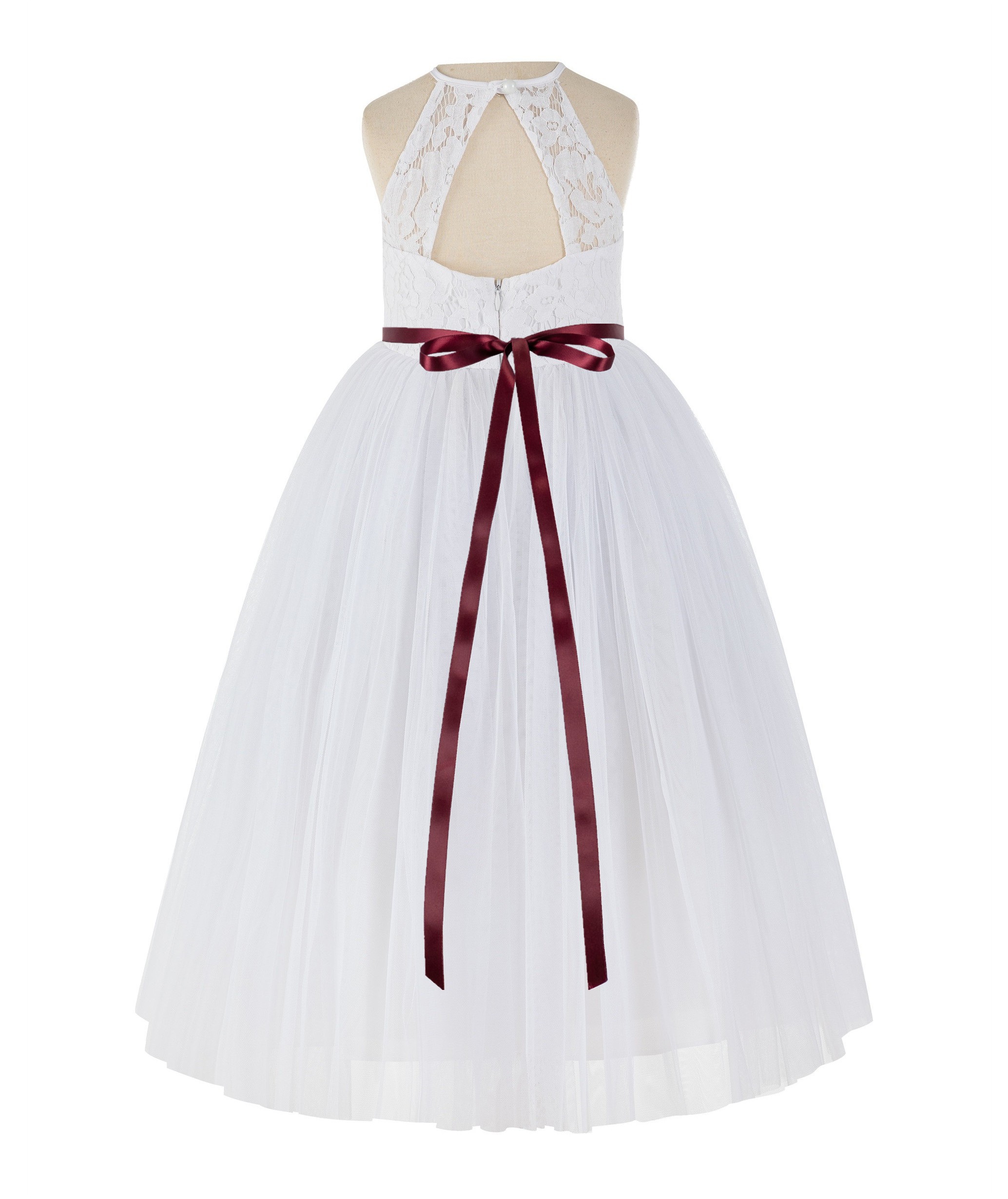 White / Burgundy Lace Halter Flower Girl Dress Lace Back Dress 213