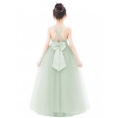 Sage Crossed Straps Satin Flower Girl Dress with Rhinestones 240