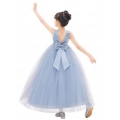 Dusty Blue V-Back Satin Flower Girl Dress with Pearl Beaded Trim 241