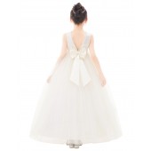 Ivory V-Back Satin Flower Girl Dress with Pearl Beaded Trim 241