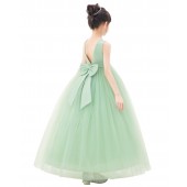 Sage V-Back Satin Flower Girl Dress with Pearl Beaded Trim 241