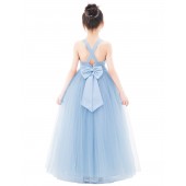 Dusty Blue Crossed Straps Satin Flower Girl Dress with Rhinestones 240