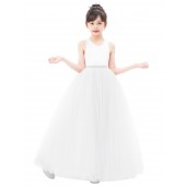 White Crossed Straps Satin Flower Girl Dress with Rhinestones 240