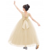 Champagne V-Back Satin Flower Girl Dress with Pearl Beaded Trim 241