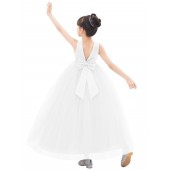 Whtie V-Back Satin Flower Girl Dress with Pearl Beaded Trim 241