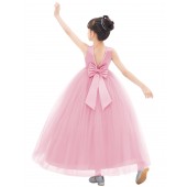 Dusty Rose V-Back Satin Flower Girl Dress with Pearl Beaded Trim 241