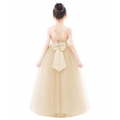 Champagne Crossed Straps Satin Flower Girl Dress with Rhinestones 240