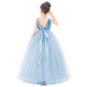 Dusty Blue Sequin V-Back Flower Girl Dress LG1
